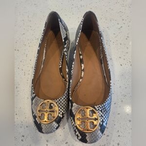 Tory Burch Gold Logo Snakeskin Shoes